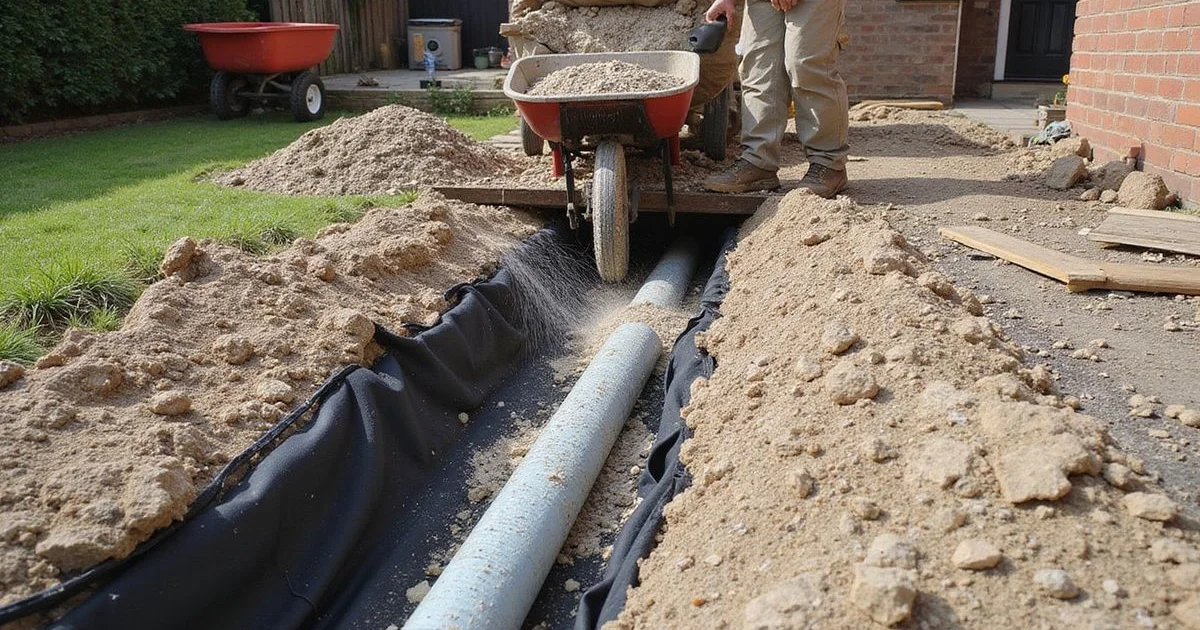 Open french drain trench with perforated pipe, geotextile fabric and gravel being placed