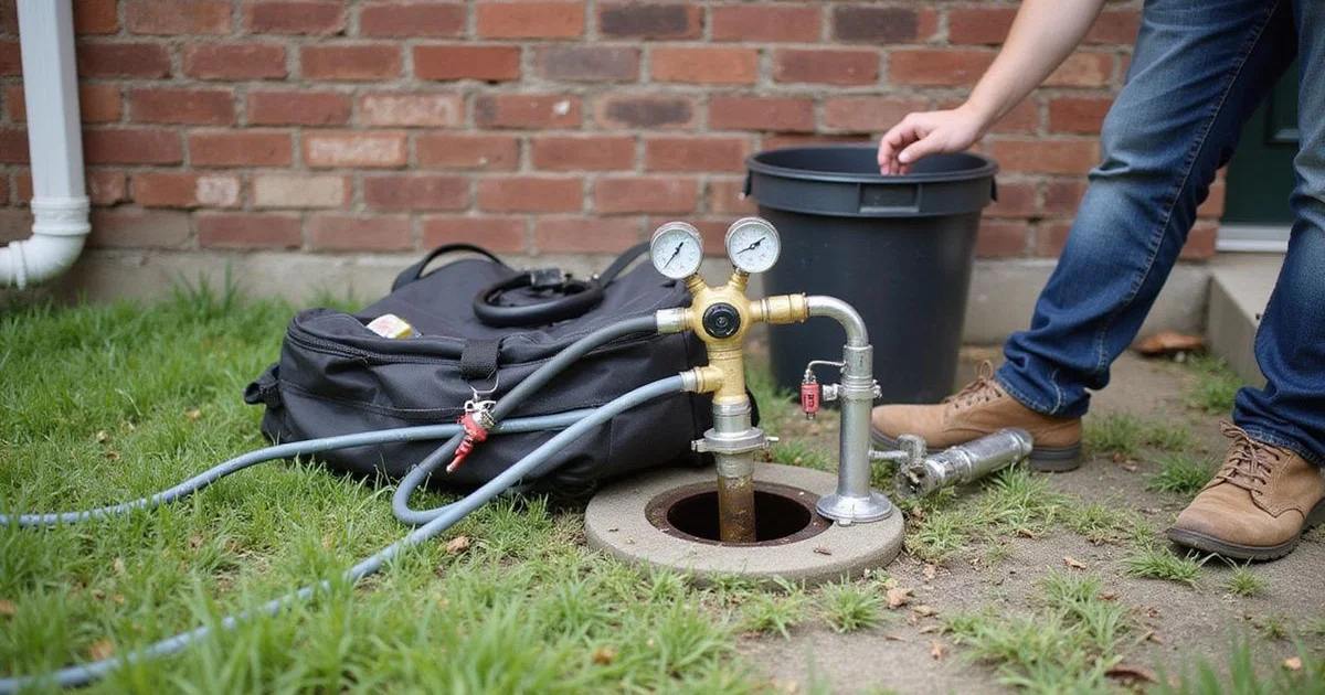 Plumbing test equipment set up beside an exterior slab cleanout at a residential property