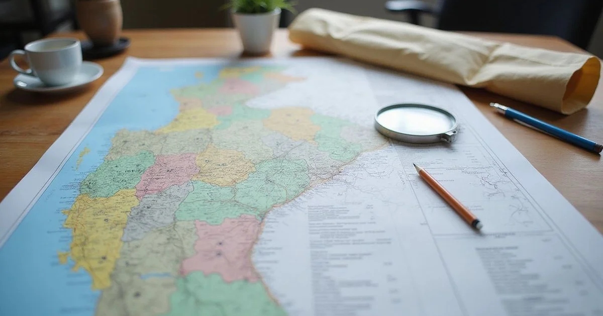 Printed soil survey map spread across a desk with a magnifier and pencil
