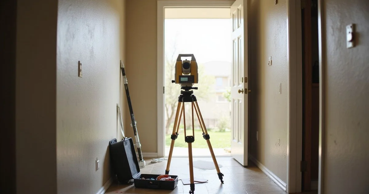 Relative elevation survey instrument set on a tripod in the hallway of a Fort Worth home