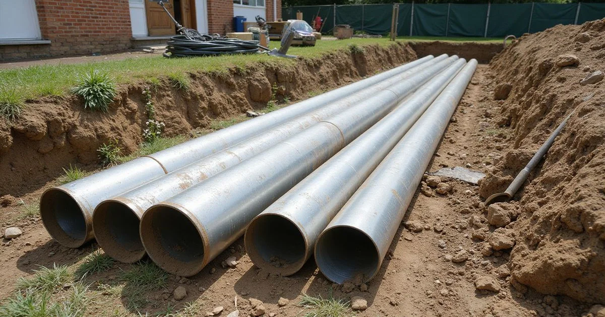 Sections of driven steel pipe pier laid out beside an open excavation at a home foundation