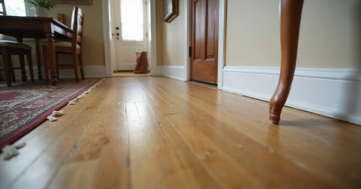 Sloping hardwood floor in an older home with a visible gap where the baseboard meets the boards