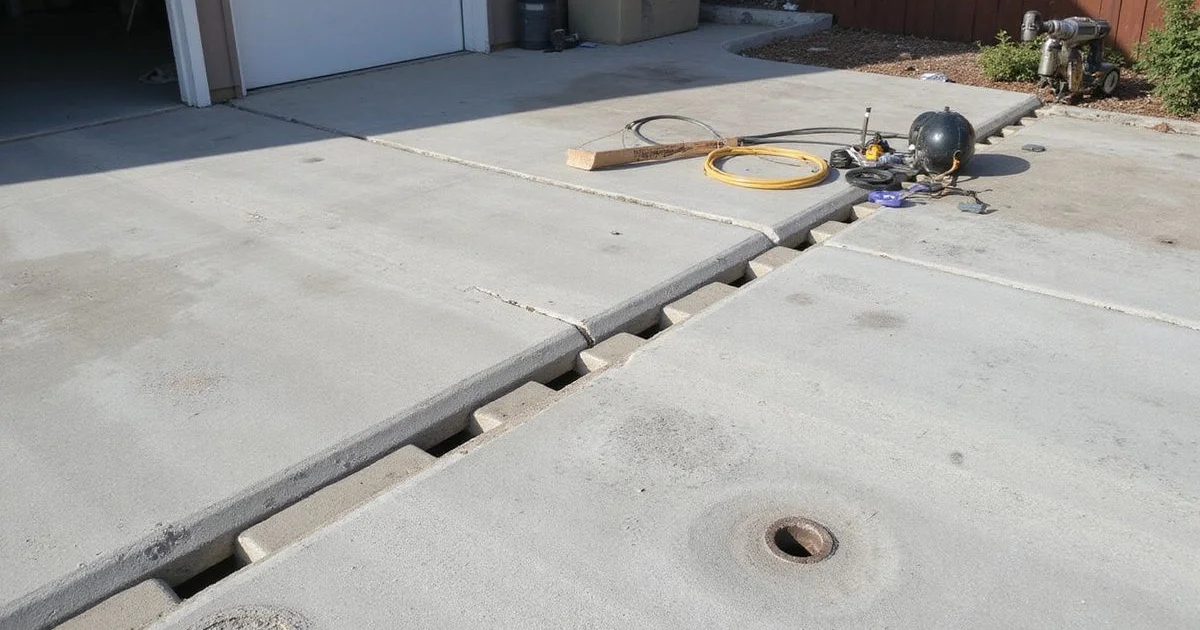 Small injection ports drilled in a row across a settled concrete driveway slab