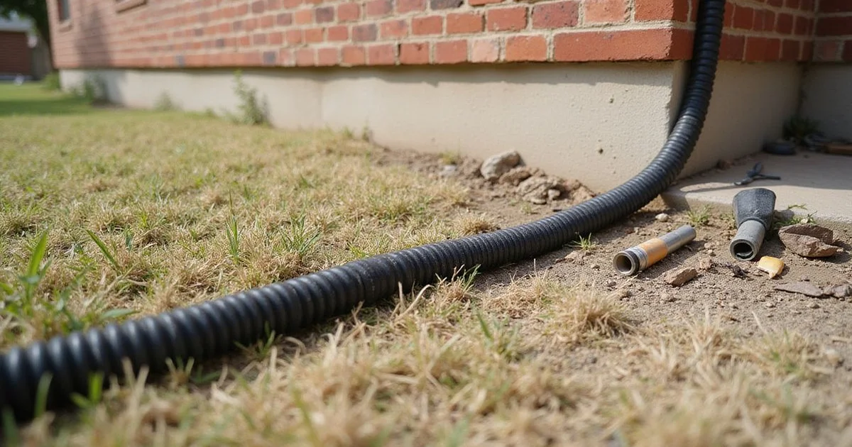 Soaker hose laid along the edge of a lawn beside a brick home foundation in dry summer conditions