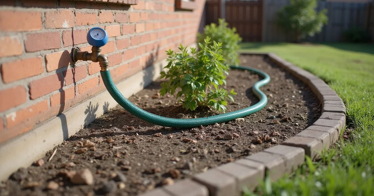 Soaker hose running along the foundation perimeter of a Fort Worth home through a dry summer garden bed