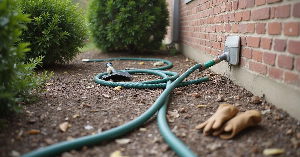 Soaker hose running along the foundation perimeter of a Fort Worth home through a planted bed