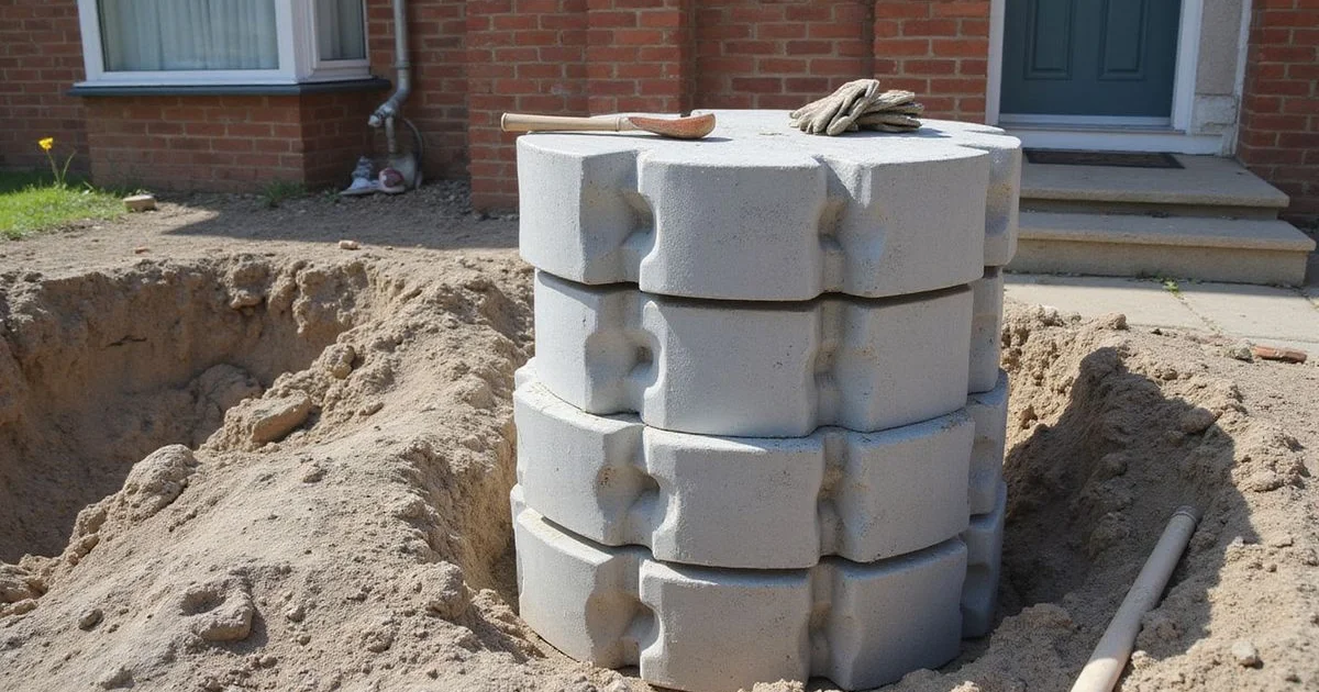 Stack of interlocking pressed concrete pier cylinders at a residential job site