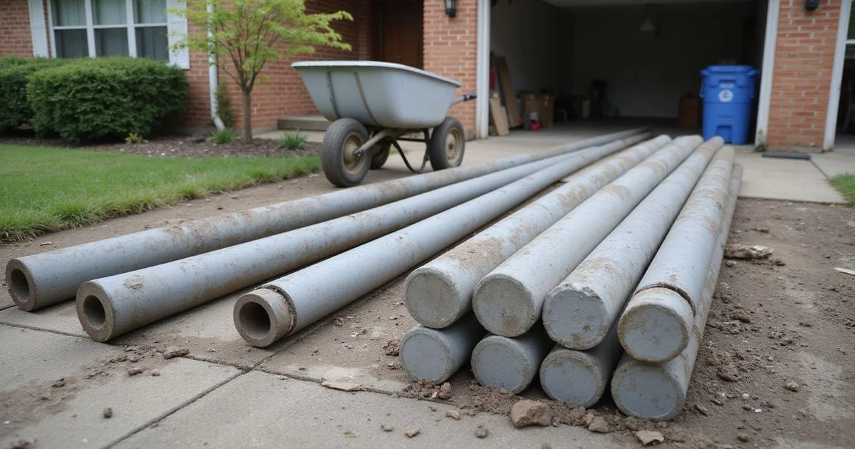 Steel pier sections and concrete pier cylinders laid side by side at a residential job site