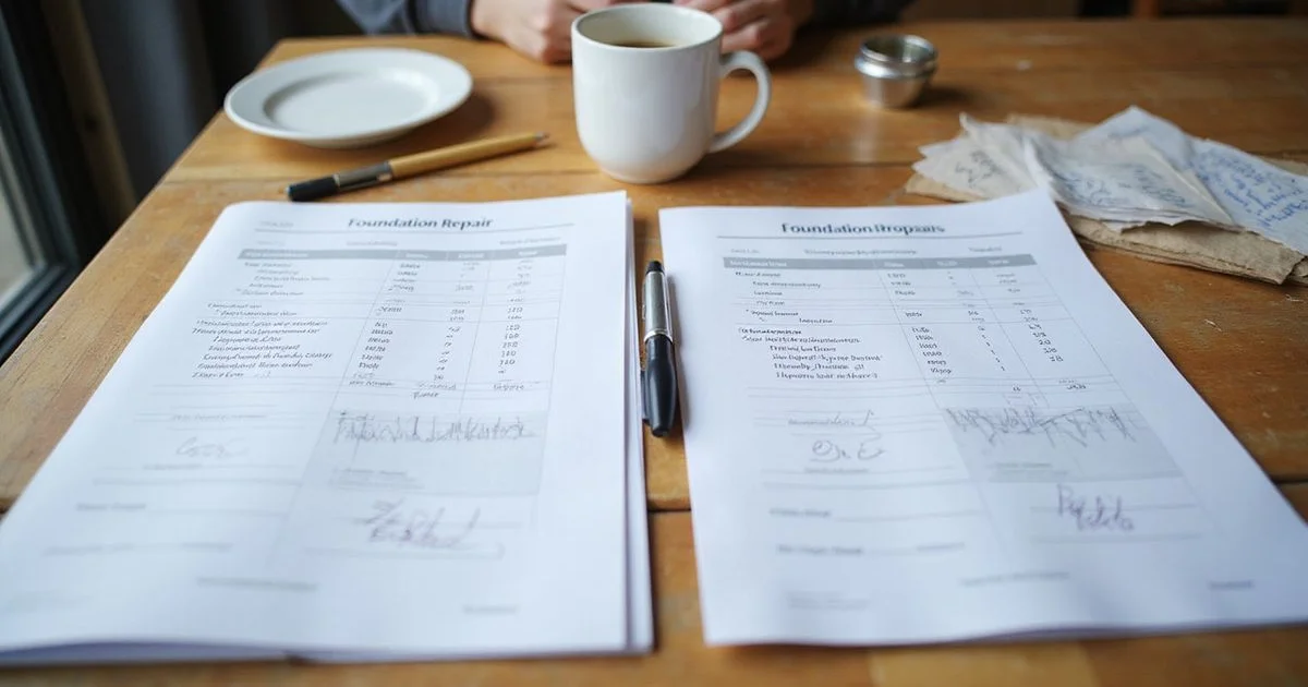 Two foundation repair proposals laid side by side on a table with a pen and notepad