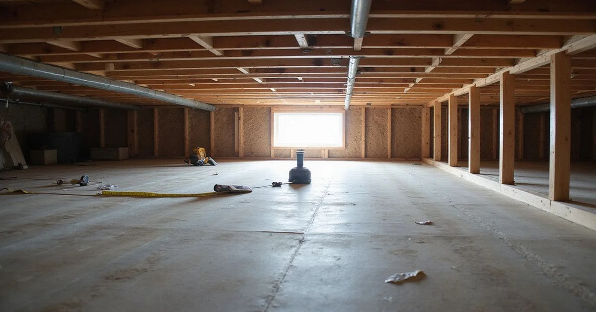 Underside of a sagging subfloor with visibly deflected timber joists in a crawlspace