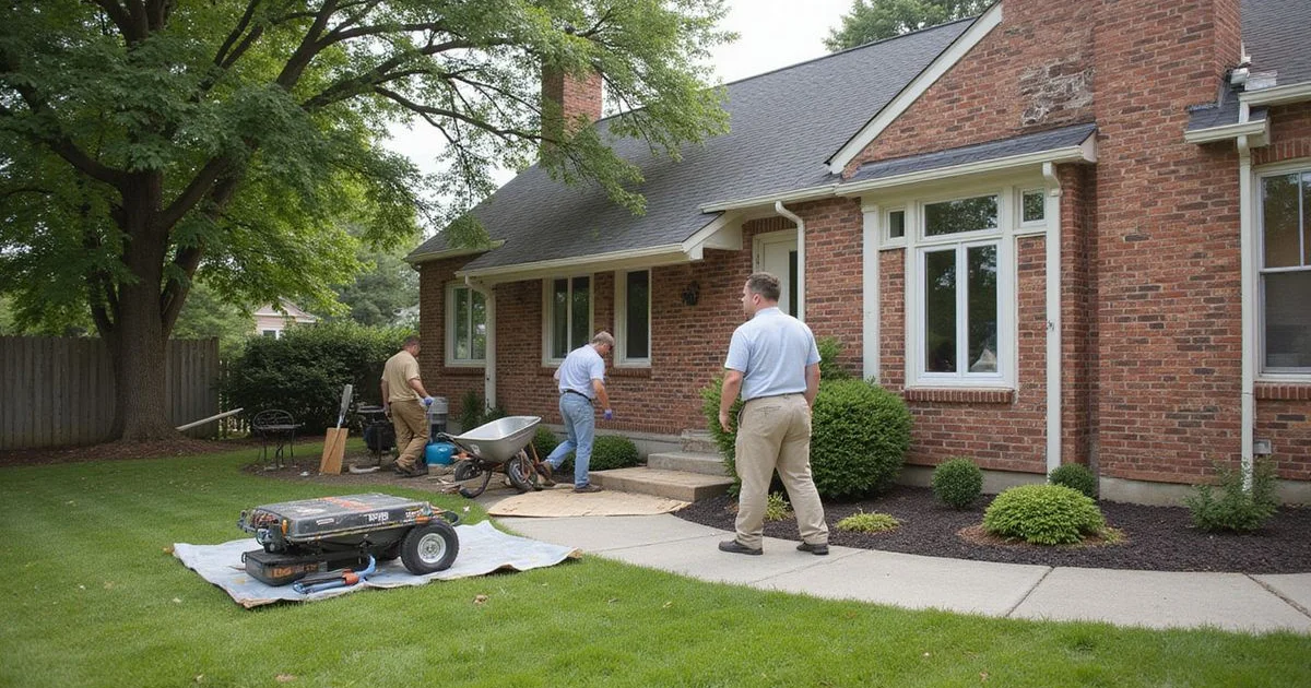Work crew setting up equipment and materials around the perimeter of a brick home for foundation work