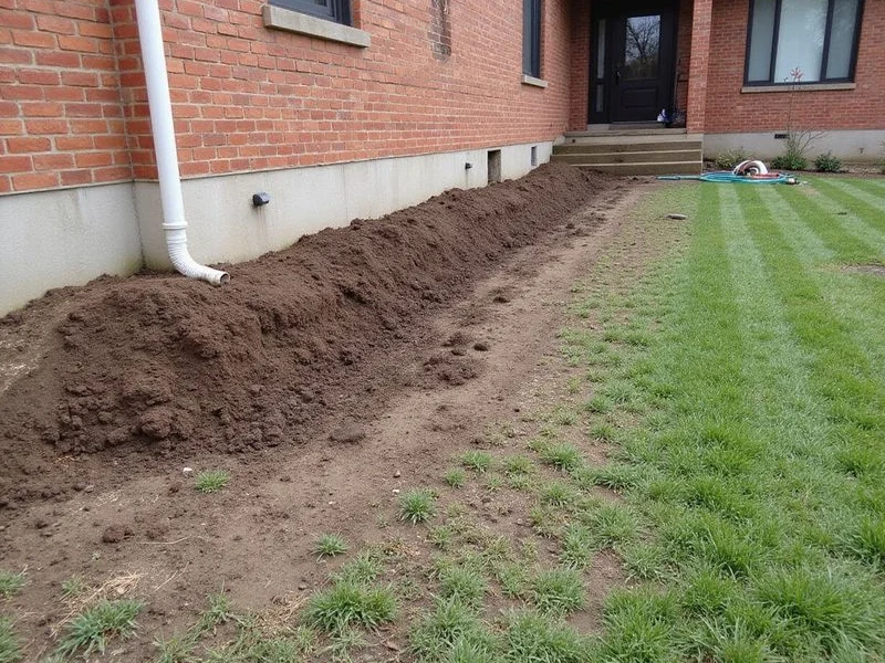 Backfilled and reinstated ground along a brick home foundation after completed pier work