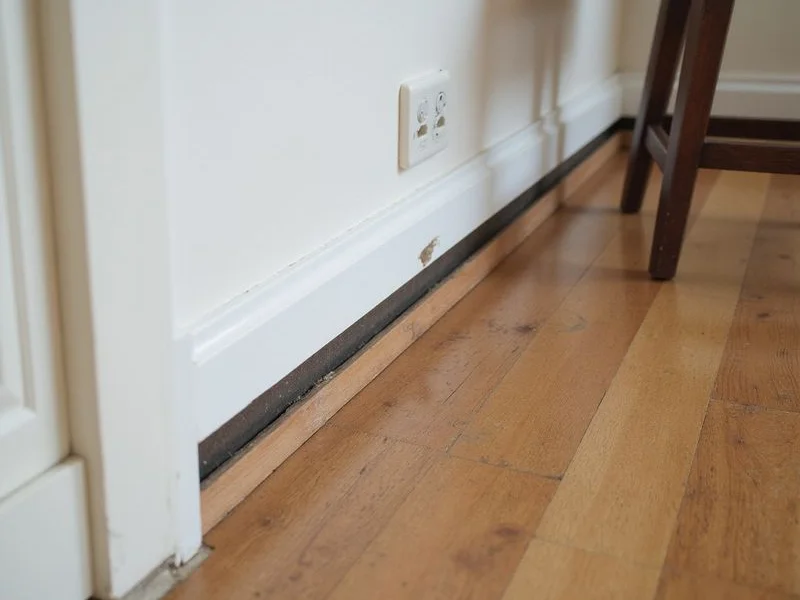 Baseboard separated slightly from the wall at floor level in a room with hardwood flooring