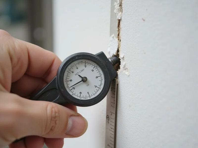 Crack gauge fixed across an interior wall crack with a ruler for scale