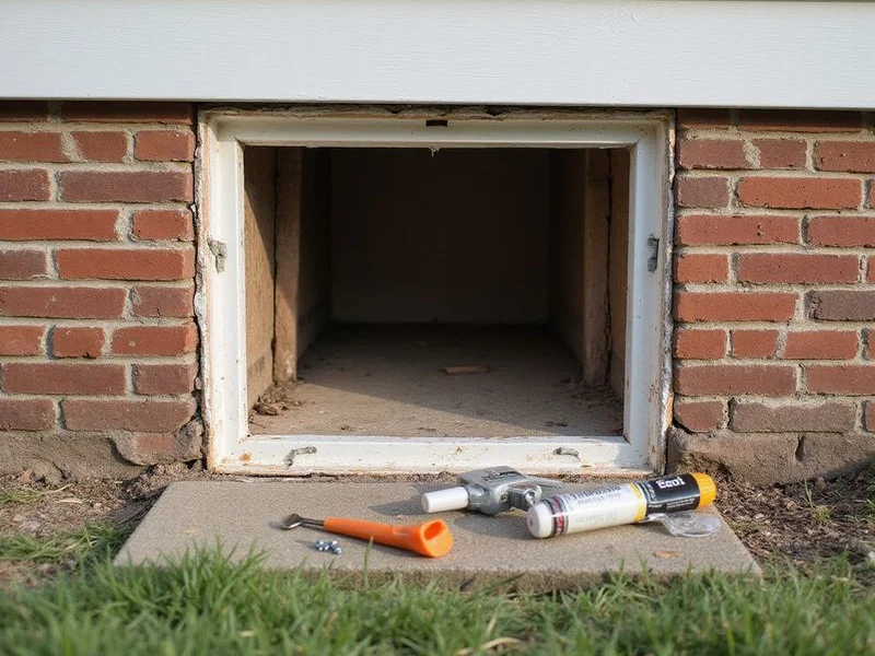 Crawlspace access door being sealed at the brick skirt of a pier-and-beam home