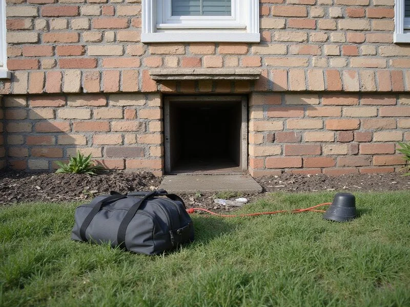 Crawlspace access hatch opened at the side of a brick-skirted bungalow