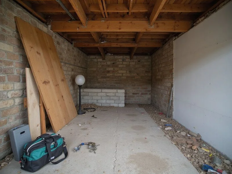 Crawlspace work beneath an older bungalow showing timber girders and a rebuilt pier