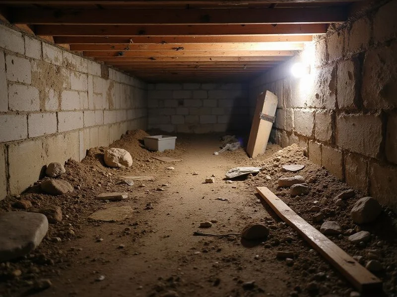 Damp bare earth floor of a crawlspace before moisture control work