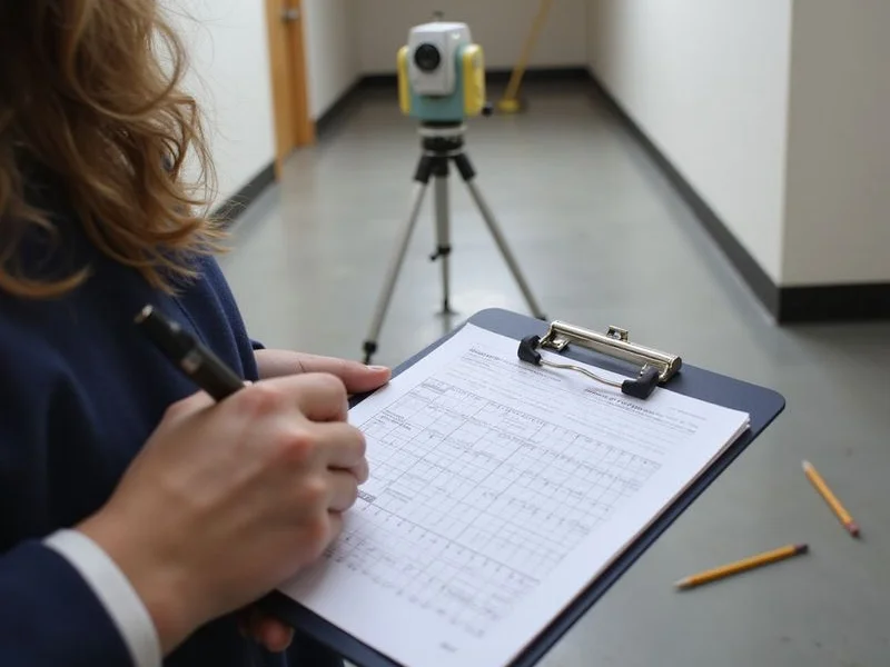 Elevation readings being recorded on a clipboard beside a measuring instrument