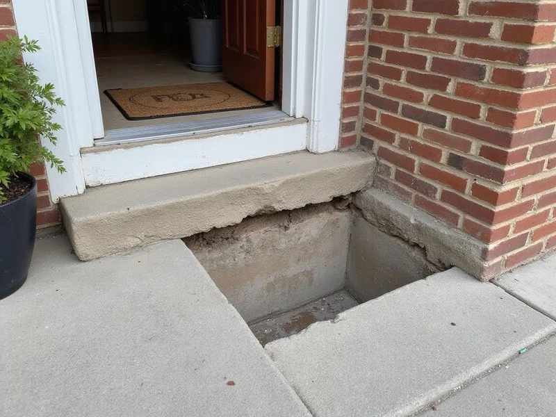 Exterior gap where a concrete porch has separated from the brick wall of a house