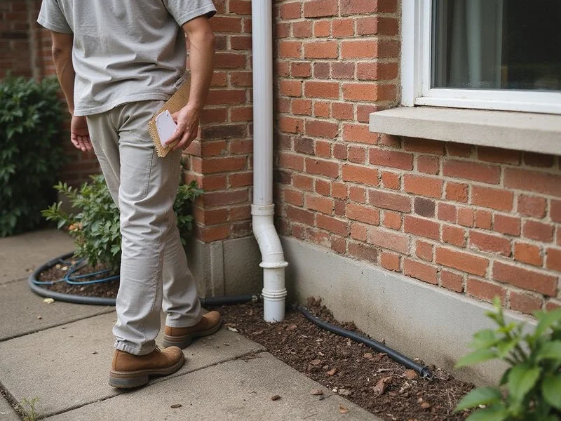 Exterior walk-around examining grade, downspout discharge and the soil line at a slab edge