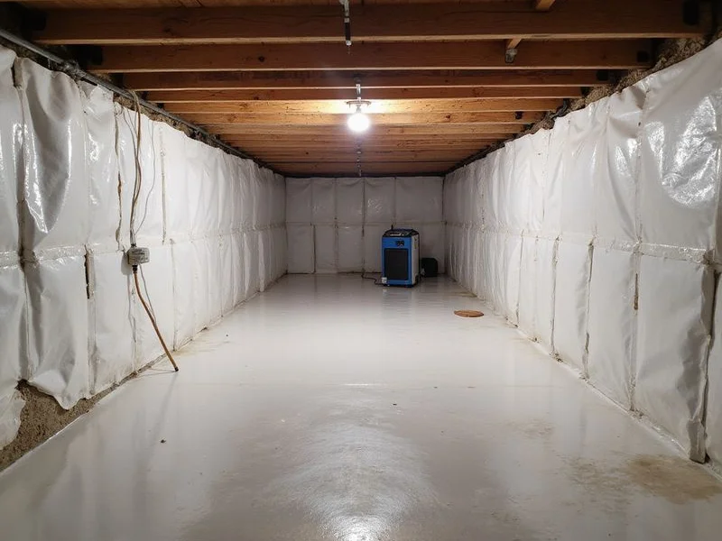 Finished crawlspace with liner attached to foundation walls and a clean sealed ground surface