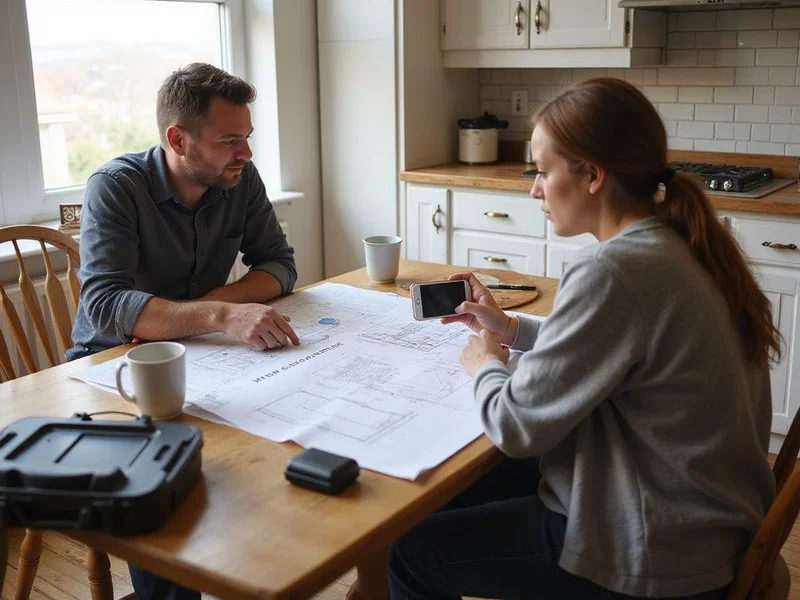 Homeowner and evaluator reviewing an elevation diagram together at a kitchen table