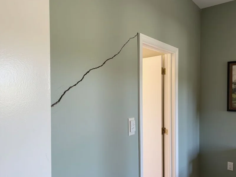 Interior drywall crack running diagonally from the top corner of a doorway