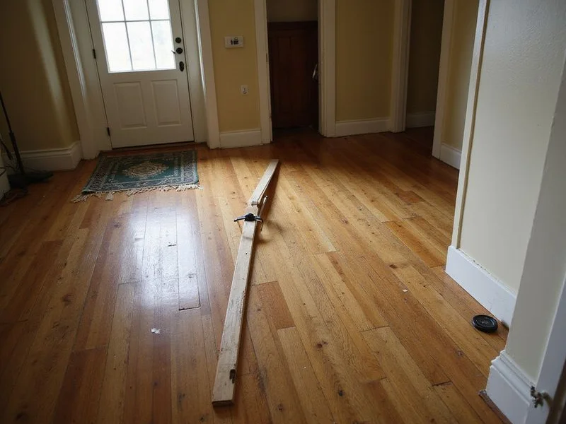 Interior hardwood floor of a historic bungalow with a level set across the boards