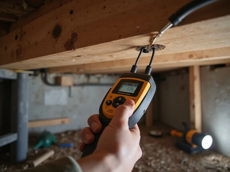 Moisture meter pressed against a timber floor joist in a crawlspace