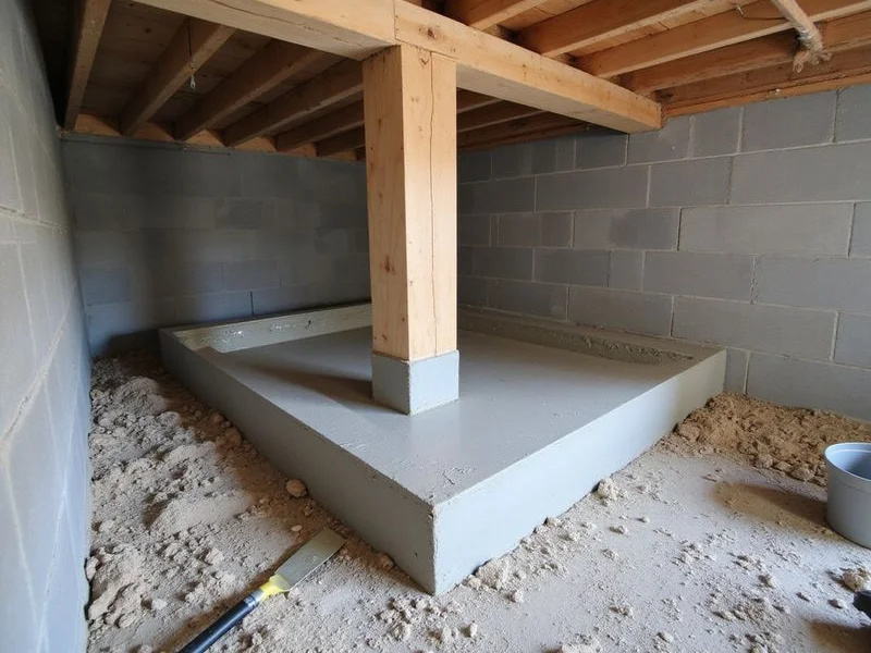 New concrete pad footing in a crawlspace with a timber post supporting a carry beam