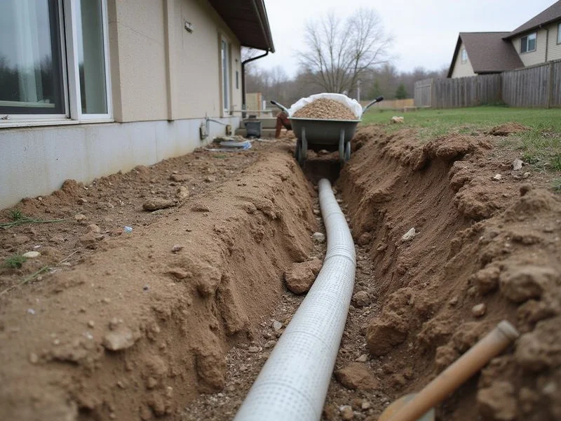 Open drainage trench beside a residential foundation with perforated pipe and aggregate