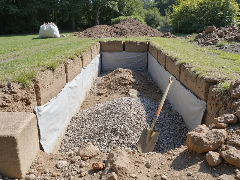 Open excavation behind a retaining wall showing gravel backfill and geotextile fabric