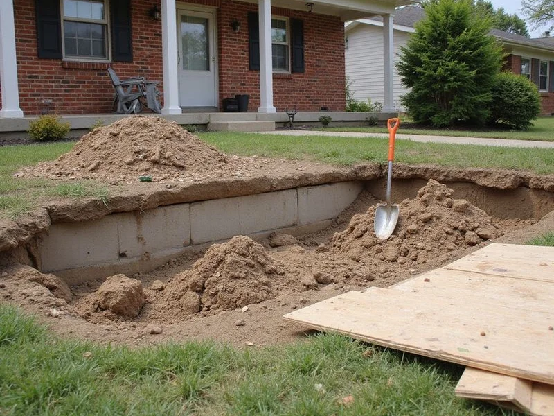Open pier excavation along the perimeter grade beam of a brick ranch home