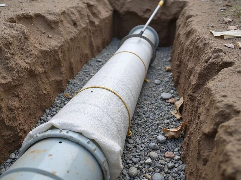 Perforated pipe wrapped in geotextile fabric laid in a gravel bed in a drainage trench