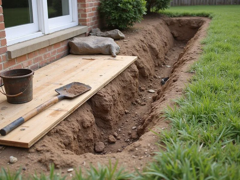 Perimeter excavation along a slab foundation with soil stacked on boards