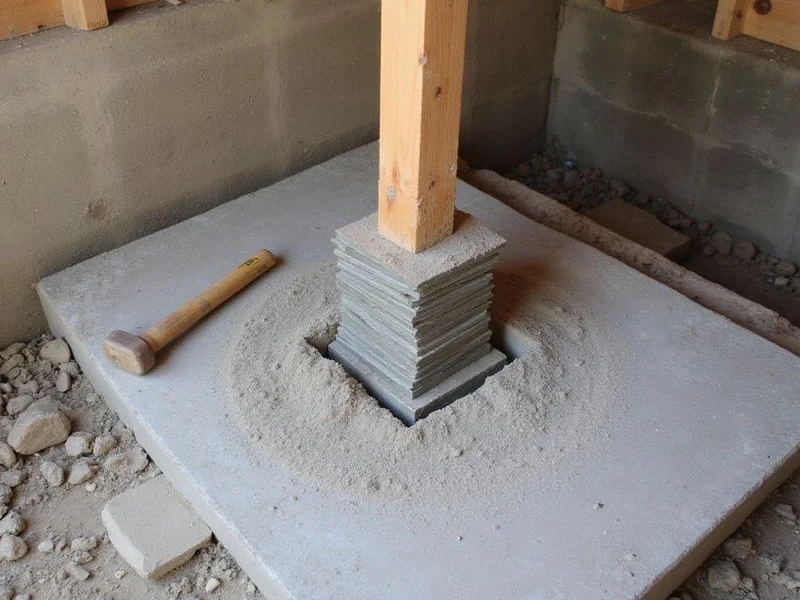 Permanent steel shims and a concrete pad installed beneath a support post