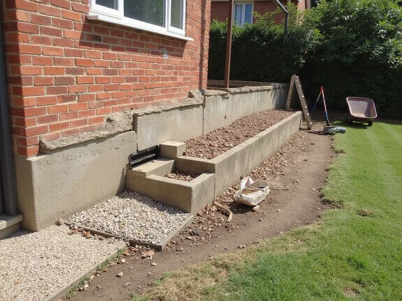 Rebuilt retaining wall section with aligned blocks and a drain outlet at the base