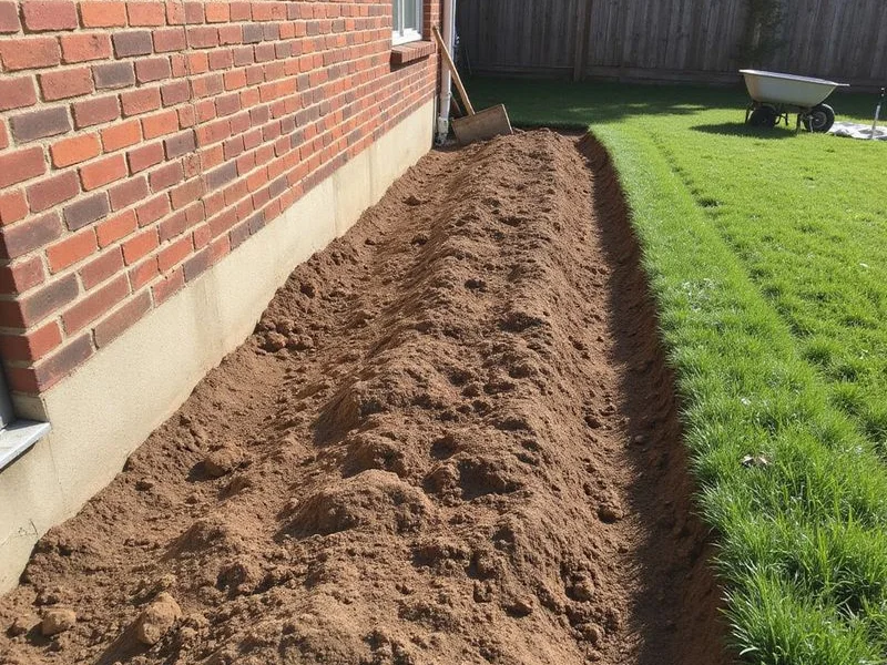 Regraded soil sloping away from a brick foundation wall with fresh turf edges