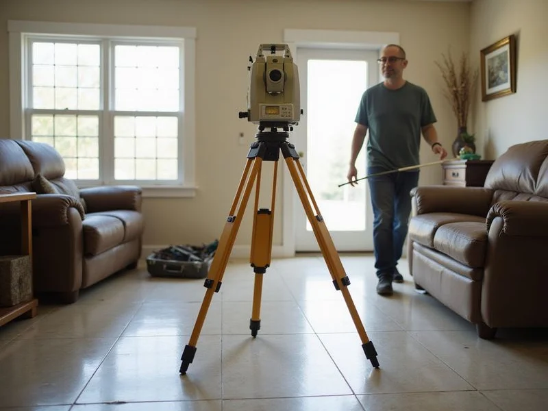 Relative elevation survey in progress across a living room floor