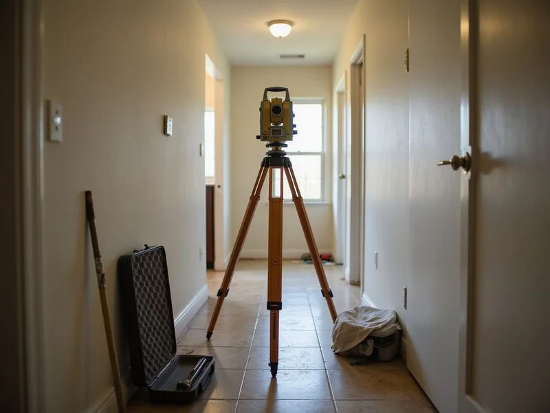 Relative elevation survey instrument set up in the hallway of a Fort Worth home