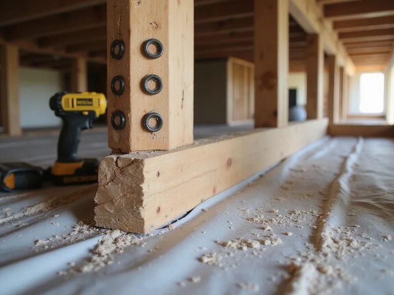 Sistered floor joists bolted alongside an original timber joist beneath a subfloor