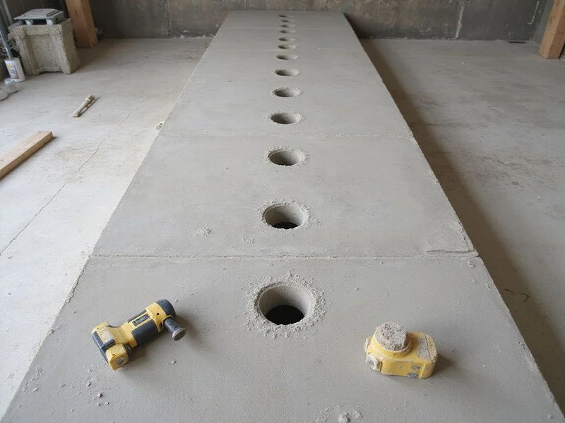 Small drilled injection ports in a row across a concrete panel