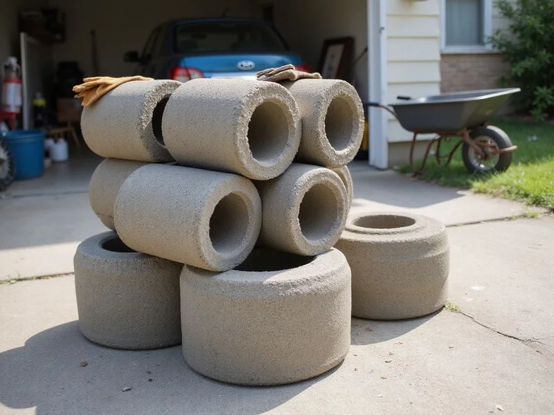 Stack of interlocking pressed concrete cylinders ready for installation
