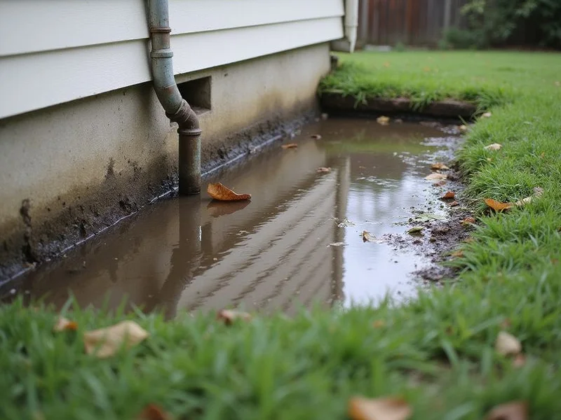 Standing water pooled in a lawn beside a residential foundation after rain