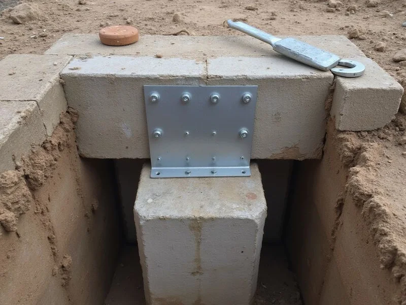 Steel bracket bolted to the underside of a concrete grade beam transferring load onto a pier