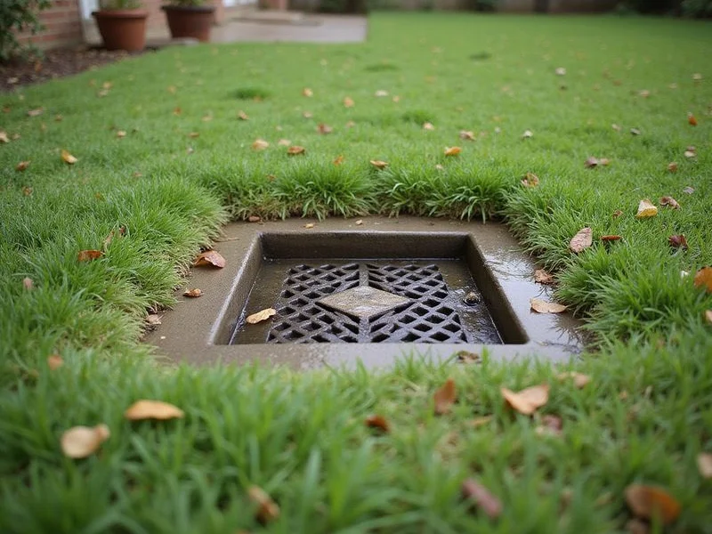 Surface catch basin grate set into a lawn low point collecting runoff
