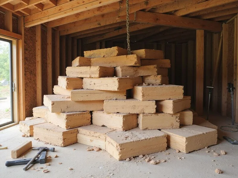 Temporary timber cribbing stacked beneath a carry beam during a staged lift
