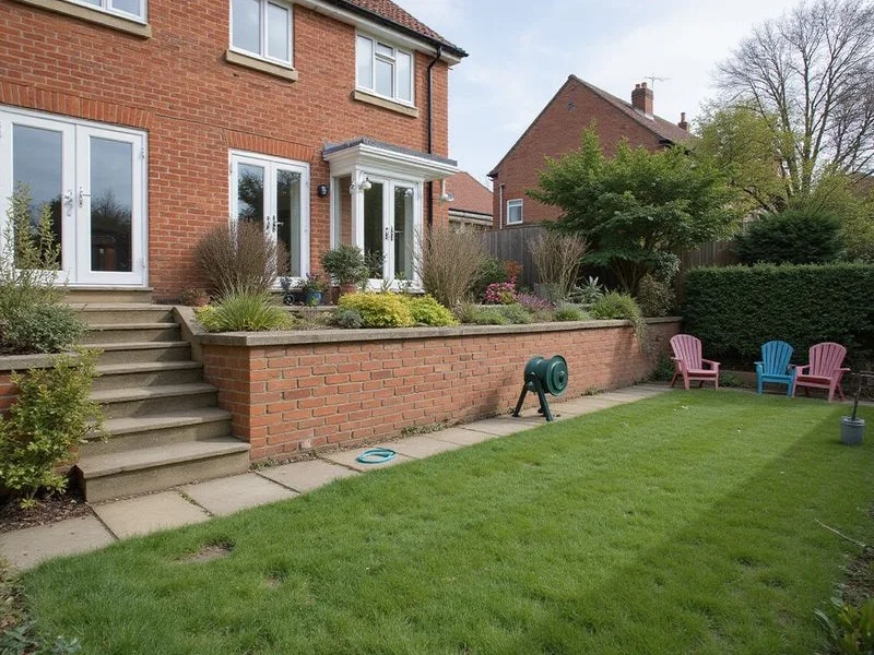 Terraced residential yard with a low block retaining wall holding back a planted bank