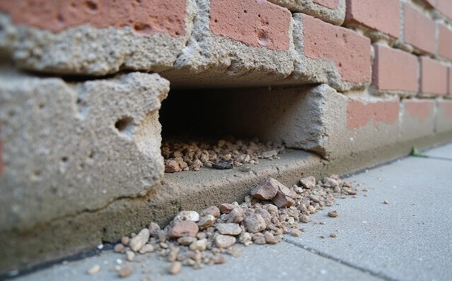 Close-up of a retaining wall weep hole with free-draining aggregate visible behind the block face